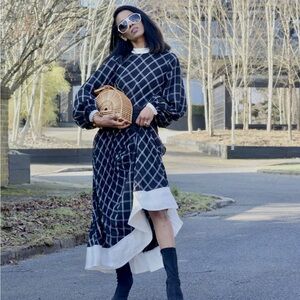 Self-Portrait Women's Pleated Check Panel Midi Dress Faux Bustle UK 6 US 2